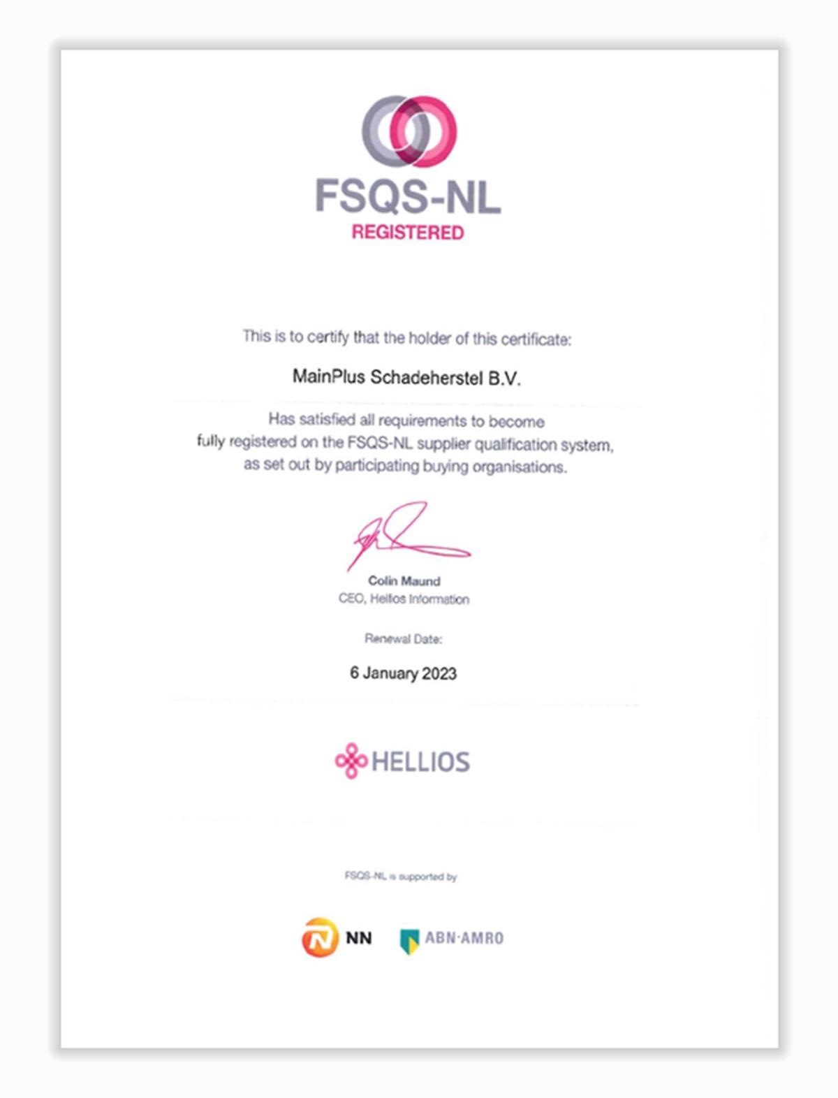 Hellios certificaat